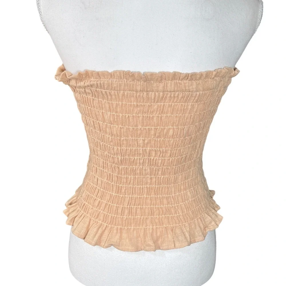 Intimately Free People Smocked Tube Top Lace Up Peach Ruffle Strapless Large EUC